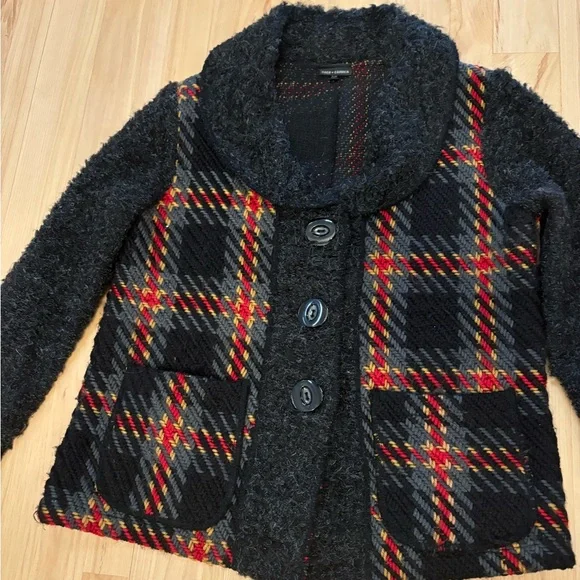 Coco+Carmen Women’s Grey Wool Blend Plaid V-Neck Cardigan Sweater Jacket Sz S/M - Picture 5 of 10